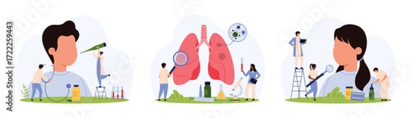 Fototapeta Respiratory system infection in children, diagnosis and treatment set. Tiny people diagnose flu and cold virus in girl and boy, pneumonia inflammation in patients lungs cartoon vector illustration