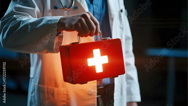 Fototapeta Doctor holding a glowing red first aid kit with a white cross symbol