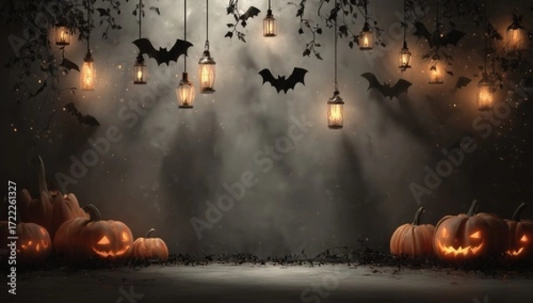 Fototapeta halloween background with pumpkins and bats hanging on a black wall, spooky shadows, glowing lights, and a haunting atmosphere Generative AI