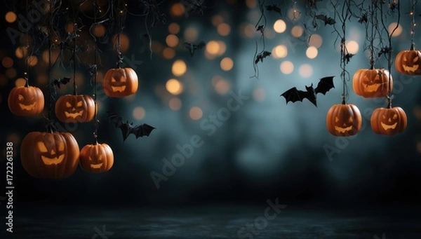 Fototapeta halloween background with pumpkins and bats hanging on vines, a dark room with blurred lights, space for text Generative AI