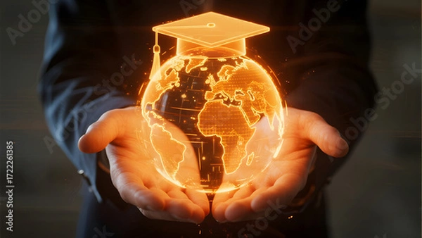Fototapeta Hands holding a glowing holographic globe with a graduation cap on top