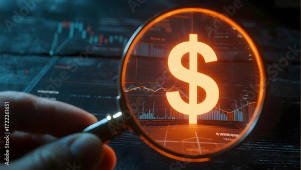 Fototapeta Magnifying glass focusing on a glowing dollar sign symbol representing financial analysis