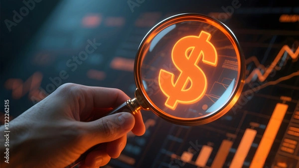 Fototapeta Magnifying glass examining a glowing dollar sign over financial data charts