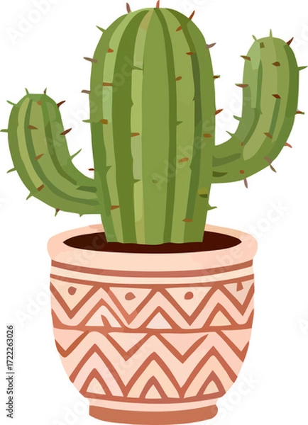Fototapeta Cactus in decorative pot with geometric patterns stands bright