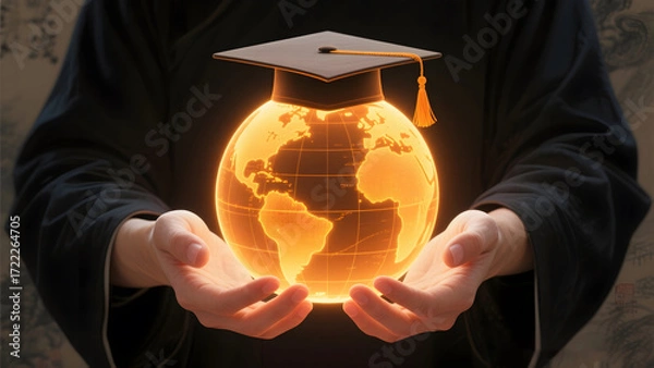 Fototapeta Hands holding glowing holographic globe with graduation cap symbolizing global education