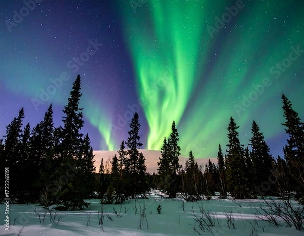 Obraz Northern Lights over snow-covered forest