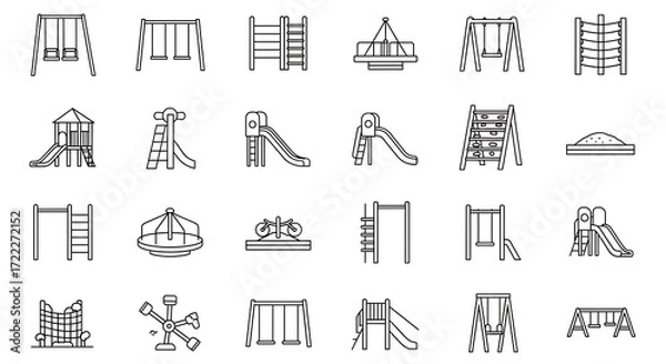 Fototapeta Playground Equipment Line Art: Swings, Slides, and Climbing Frames on White