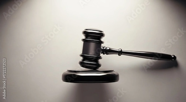 Fototapeta Polished Black Gavel Resting on Sound Block Against a Neutral Background