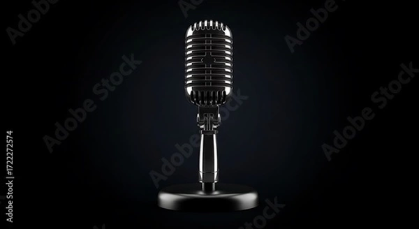 Fototapeta Polished chrome vintage microphone on a dark background, studio equipment