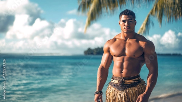 Fototapeta Polynesian Tongan man on a sunny Beach with Copyspace