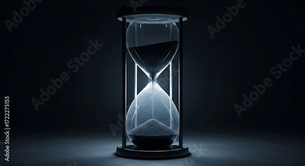 Fototapeta Hourglass with dark sand in low key lighting, symbolizing time running out