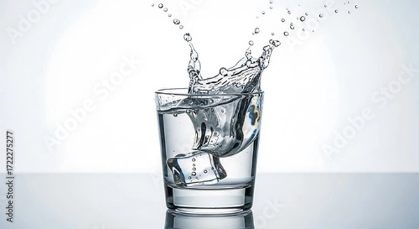 Fototapeta Ice cube splash in a glass of water against a bright white background