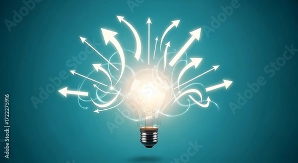 Fototapeta Illuminated bulb with radiating arrows on teal background, symbolizing innovation and direction