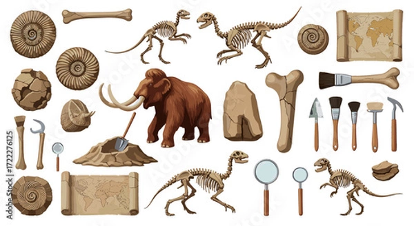 Fototapeta Illustration depicting various paleontology related items including fossils and dinosaur skeletons and tools on transparent background