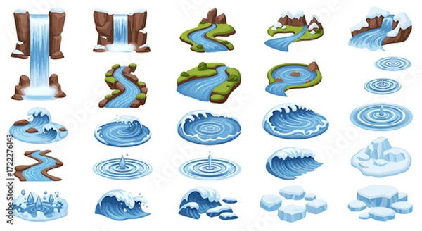 Fototapeta Illustration of various water features including waterfalls rivers waves and ice formations on a white background on transparent background