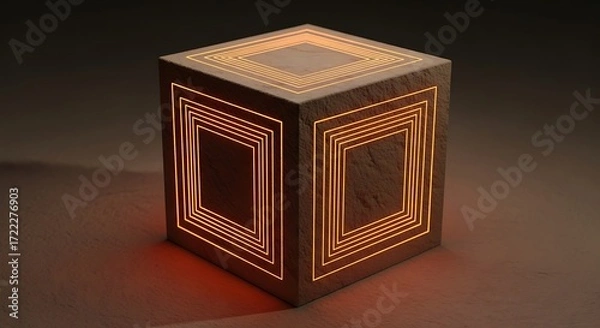 Fototapeta Illuminated Geometric Cube with Glowing Lines and Textured Surface