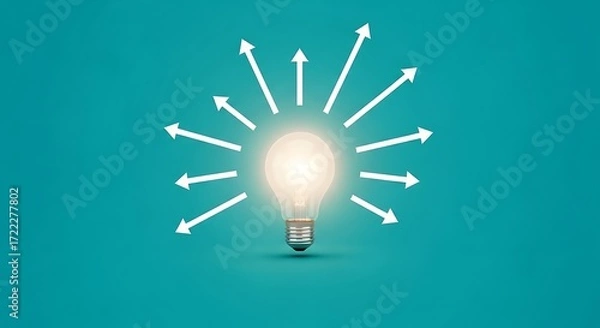 Fototapeta Illuminated Ideas: Glowing Lightbulb with Ascending Arrows on Teal Background