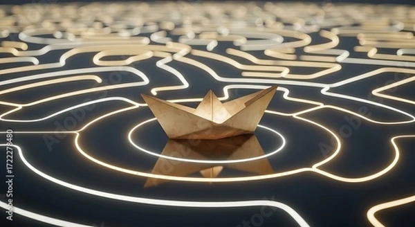 Fototapeta Illuminated Paper Boat Navigating a Glowing Maze