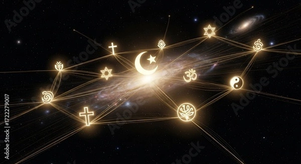 Fototapeta Illuminated Religious Symbols Connected in a Cosmic Network of Beliefs