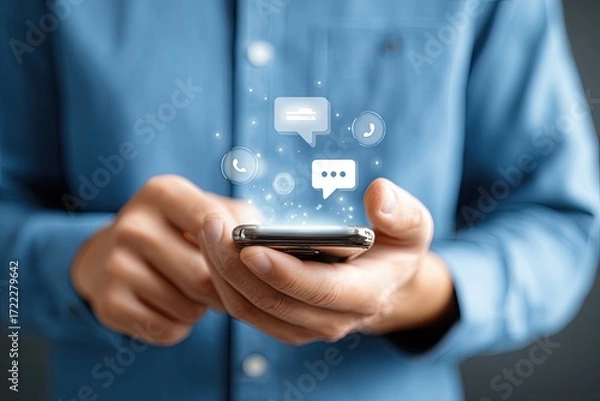 Fototapeta Close-up of hands holding a smartphone with communication icons overlayed