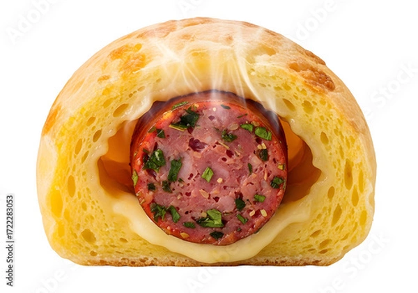 Fototapeta cheese bread (pão de queijo)  stuffed with homemade sausage isolated background