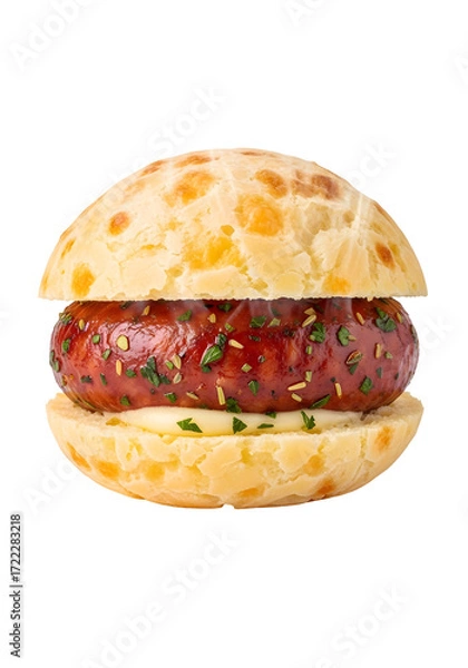 Fototapeta cheese bread (pão de queijo)  stuffed with homemade sausage isolated background