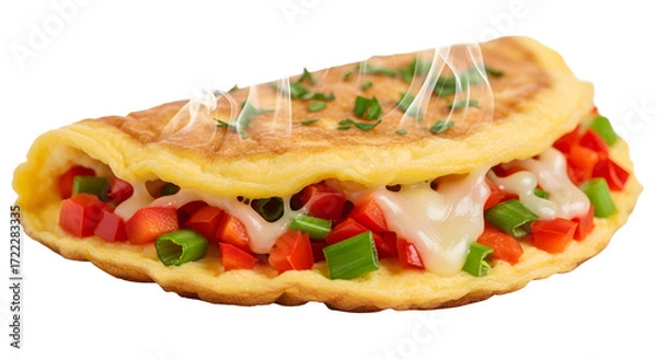 Fototapeta Delicious omelette with cheese, peppers, and chives isolated on transparent background