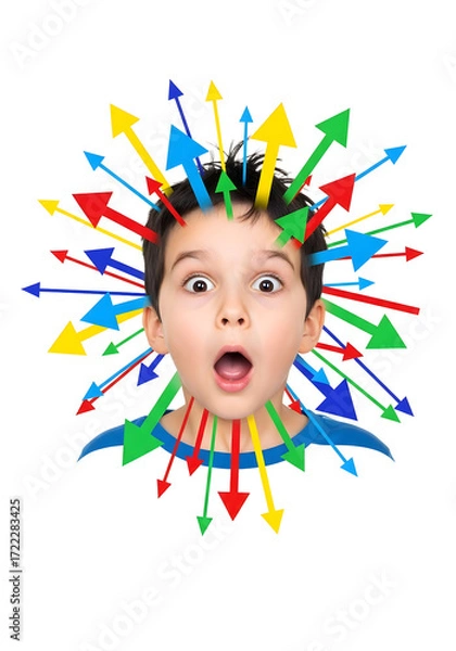 Fototapeta Surprised boy with colorful arrows exploding from his head isolated on transparent background