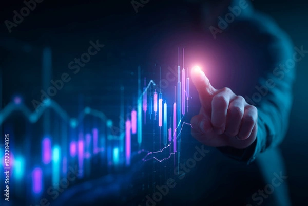 Fototapeta Businessman touching a holographic financial chart, concept of investment, digital technology, and data analysis. Person trades cryptocurrency. Created with generative AI
