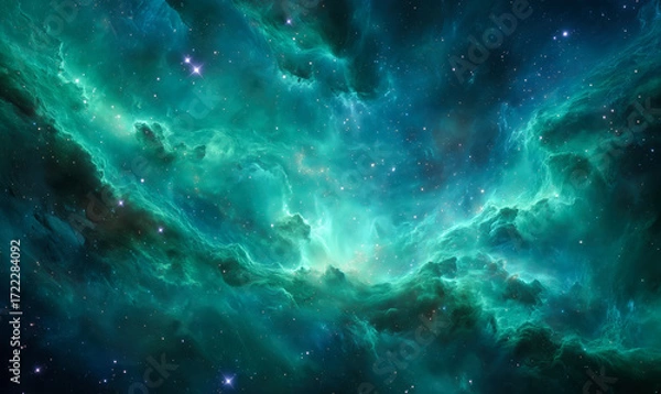 Fototapeta Beautiful green sky at night with stars and galaxies. Bright deep space sky. High resolution space wallpaper.Universe. Bright deep space. Stars and galaxies. Created with generative AI