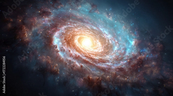 Fototapeta Spiral galaxy with starry light. Universe. Bright deep space. Stars and Milky way galaxy. Bright space background. Colorful Universe. Sci-fi space wallpaper. Created with generative AI