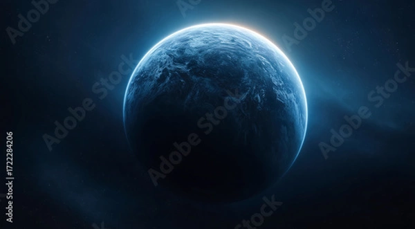 Fototapeta Single realistic blue planet floating in deep black space. Planet Earth in deep space. Created with generative AI