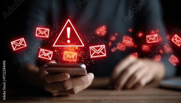 Fototapeta A hand holds a smartphone with red email icons and a warning triangle.  Email alerts, notification, danger, caution