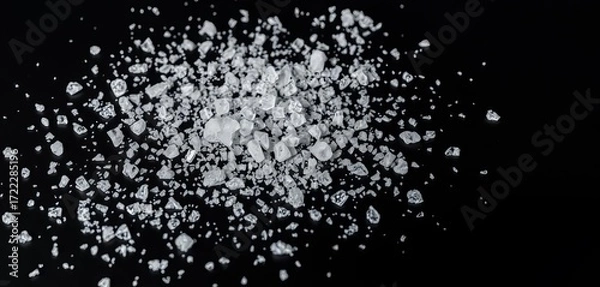 Fototapeta Crystalline salt granules scattered on a smooth black surface,  recipe,  texture