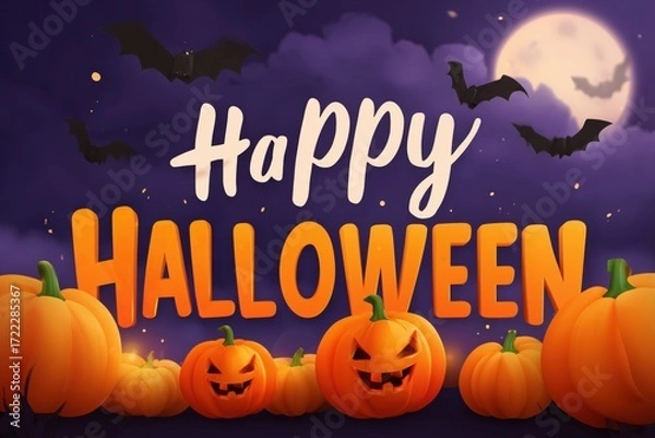 Fototapeta a large, colorful text "Happy Halloween" with pumpkins and bats in the background a spooky moonlit night sky adds to the atmosphere of fear Generative AI