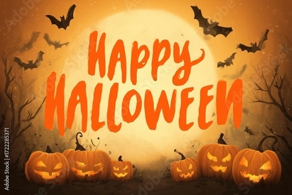 Fototapeta "happy halloween" in orange and yellow text, on a background of halloween pumpkins and jack-o'-lanterns, with moonlight shining through branches and bats flying around Generative AI