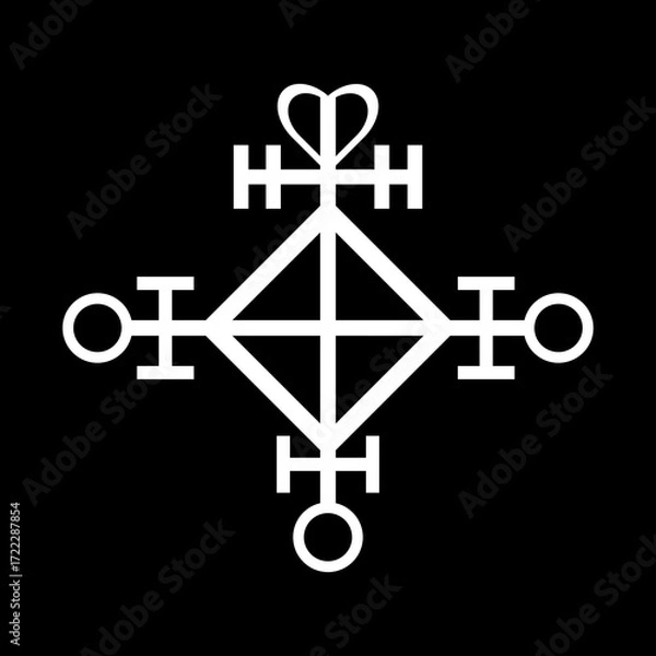 Fototapeta Sacred geometry mandala with mystical symbols and cross elements on black background. Spiritual esoteric design for meditation, wellness and alternative healing practices.