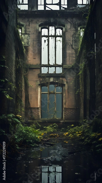 Fototapeta Echoes of the Past: A Desoate Depiction of an Abandoed Building Overgrown withVegetation