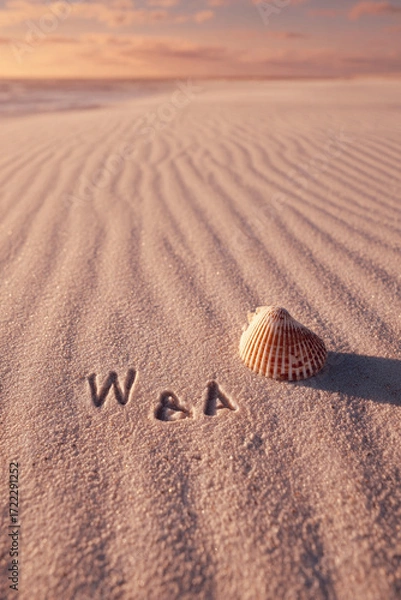 Fototapeta W and A Initials Written into Pale Beige Sand with Clean Thin Grooves and Gentle Coastal Ambience – great for couples keepsakes