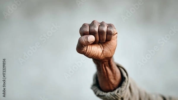 Fototapeta Clenched fist of strong man facing camera as universal gesture of strength and defiance