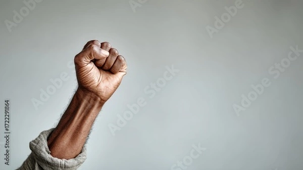 Fototapeta Raised fist against bright background representing unity protest and empowerment