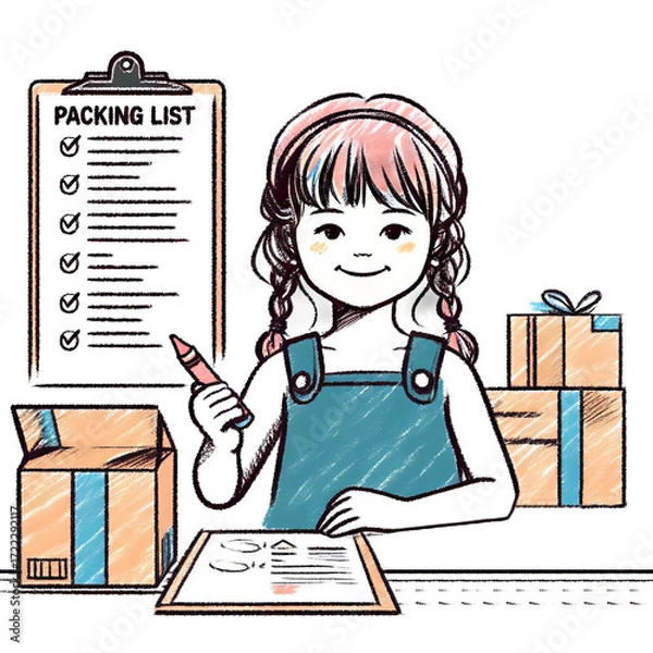Obraz Young girl preparing a packing list with boxes on the table