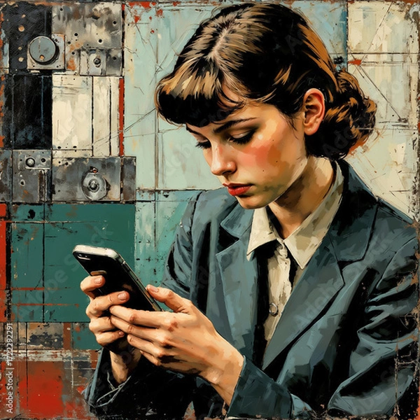Obraz Young woman using smartphone while sitting indoors in modern office  