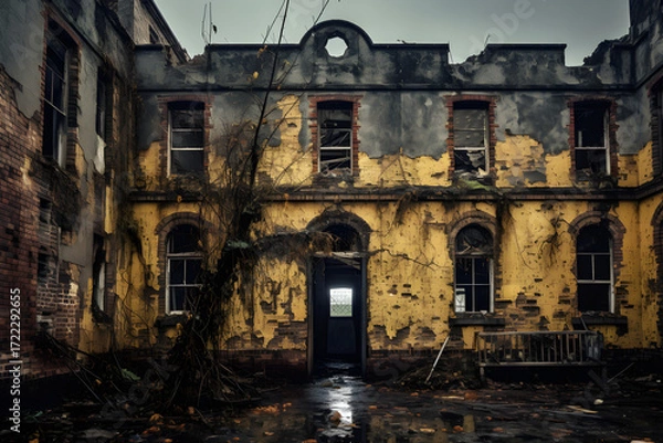 Fototapeta Echoes of the Past: A Desoate Depiction of an Abandoed Building Overgrown withVegetation