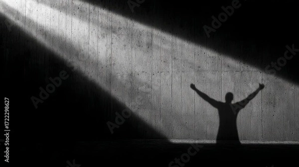 Fototapeta Shadow silhouette with raised arms under sharp monochrome light symbolizing struggle and defiance