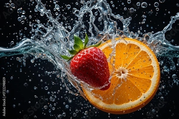 Obraz Strawberry and Orange Slices Splashing Underwater on Black Background