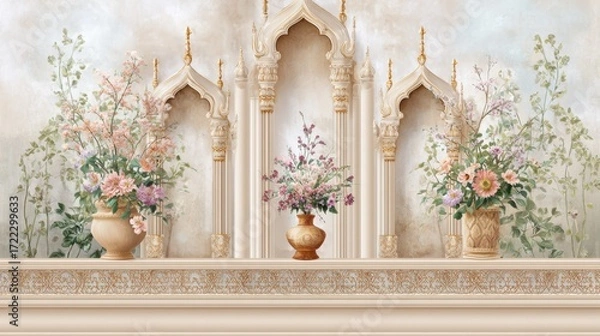 Fototapeta A Stunning Artistic Arrangement of Flowers in Elegant Vases on a Beautiful Mantle Displaying Ornate Oriental Patterns