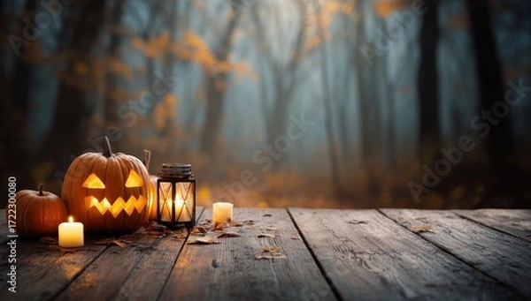 Fototapeta halloween pumpkins and candles on a wooden table with a blurred autumn forest background banner with copy space for text Generative AI