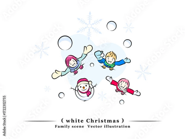 Fototapeta ホワイトクリスマス!降る雪にはしゃぐ親子と雪だるま(俯瞰)｜家族シリーズ