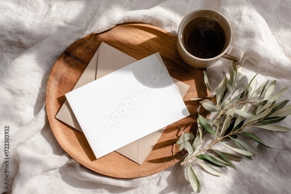 Fototapeta Blank card, envelopes, and teacup on wooden tray, natural light